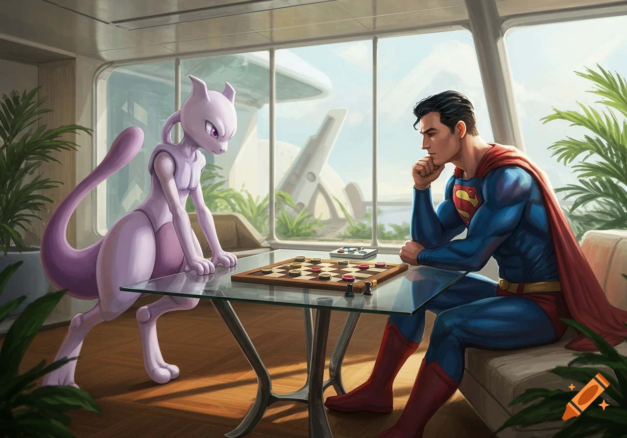 Superman and Mewtwo play checkers at a glass table in a futuristic room with large windows.