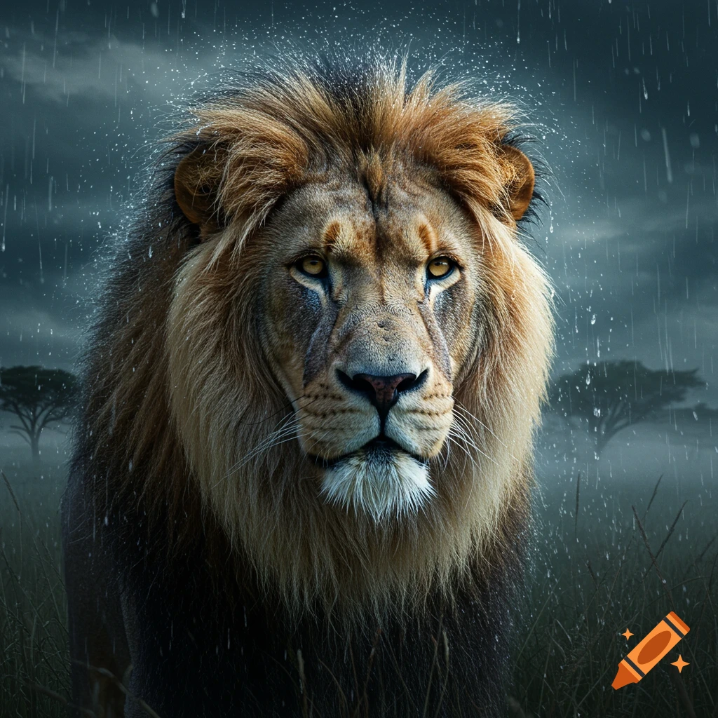 Close-up photorealistic portrait of a majestic male lion in a rainy savanna landscape, with raindrops on its mane.