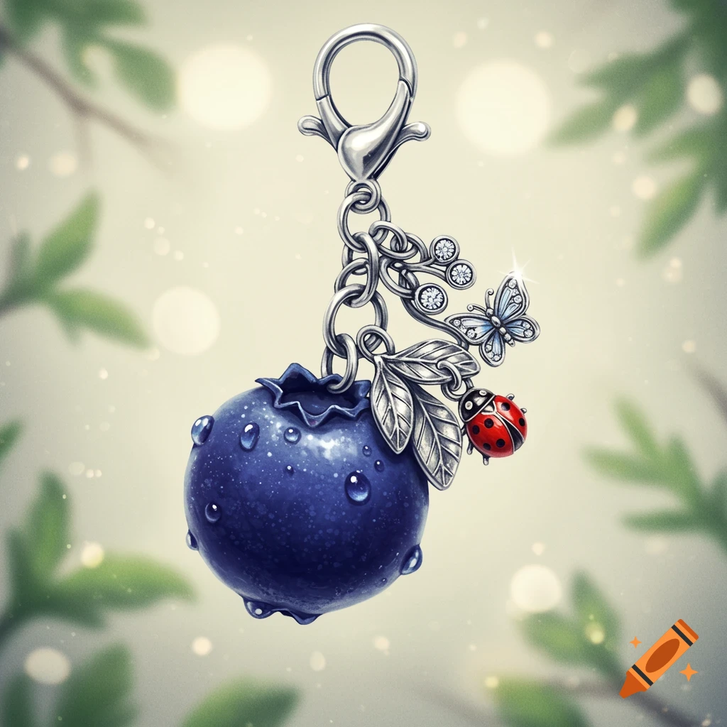 A detailed blueberry charm keychain with a silver clasp, a ladybug, butterfly, leaves, and water droplets against a blurred green background.