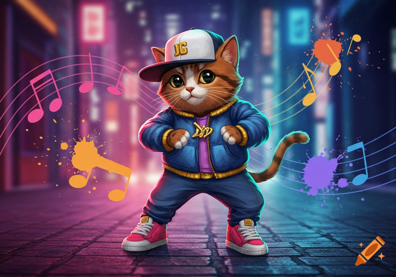 A cute cartoon cat wearing a blue jacket, pink shirt, red shoes, and a white and blue baseball cap with "JG" on it, stands on a city street at night with neon lights and colorful musical notes floating around.
