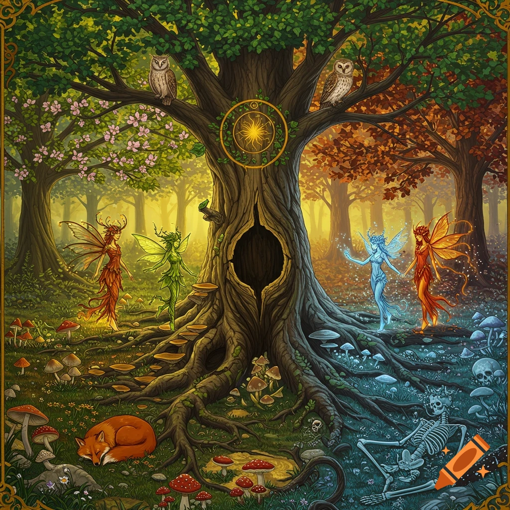 Vibrant illustration of a majestic tree surrounded by four elemental fairies representing the seasons, with a fox, owls, and a skeleton.