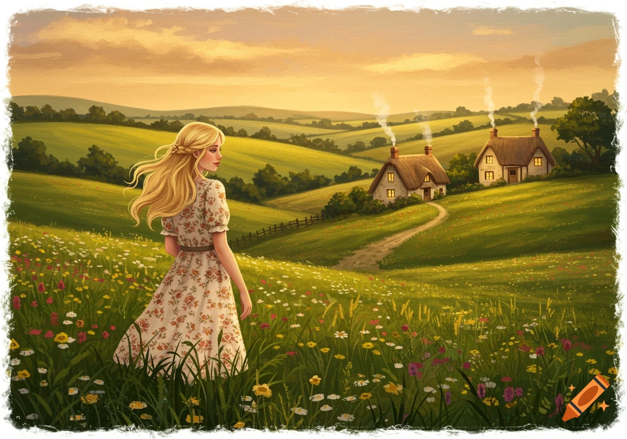 A blonde woman in a floral dress stands in a vibrant green meadow with colorful wildflowers, looking towards quaint cottages nestled in rolling hills under a warm sunset sky. Stylized illustration.