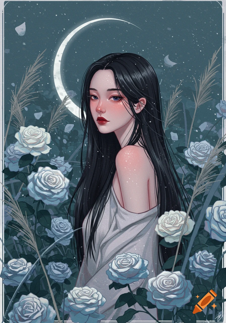 A dark-haired woman in a white top looks over her shoulder, surrounded by blue roses, tall grasses, and a crescent moon against a dark sky.