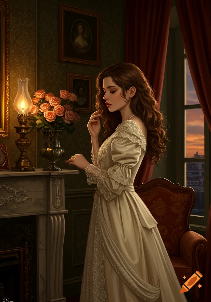 A young woman in a cream Victorian dress stands by a fireplace with roses and a lamp in a dimly lit room.