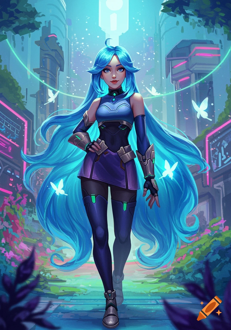 A stylized character with long, flowing blue hair and a futuristic outfit stands in a neon-lit city with glowing butterflies.