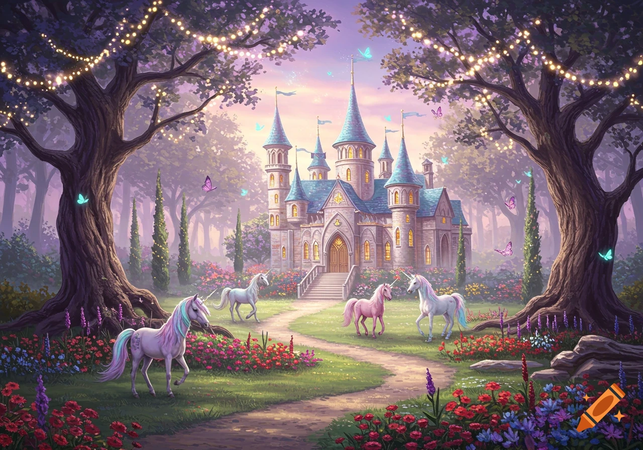 A magical fairytale castle with turquoise spires in an enchanted forest, with colorful unicorns wandering through vibrant flower gardens under trees with sparkling lights.