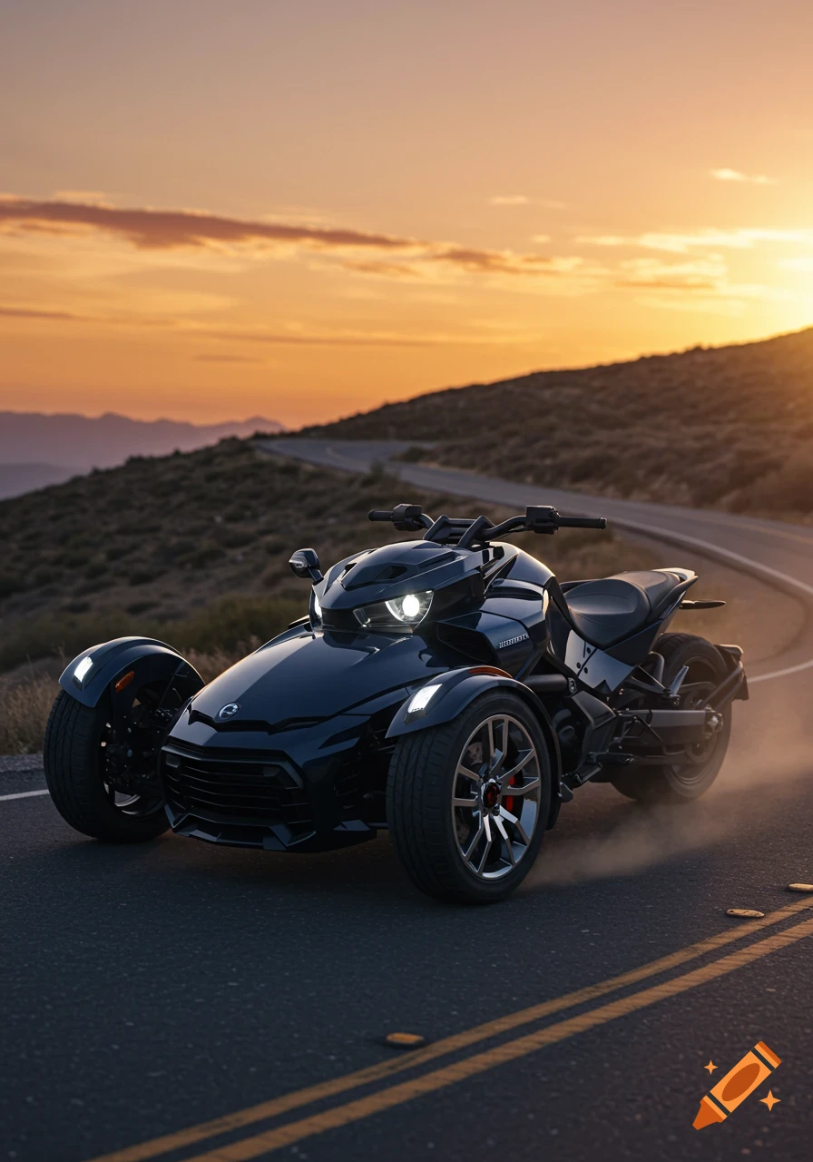 A black three-wheeled motorcycle, a Can-Am Spyder, on a winding desert road at sunset, with dust trailing from its rear wheel.