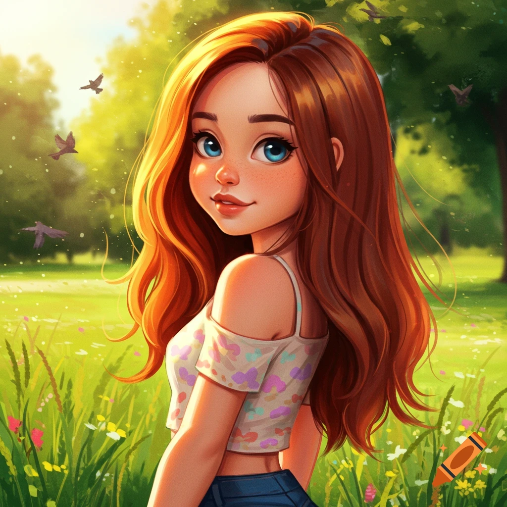 A cartoon girl with long auburn hair and blue eyes, wearing a crop top, smiles in a sunny field.