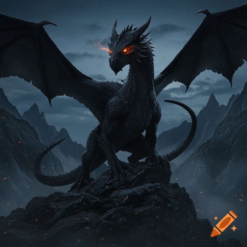 A black dragon with glowing orange eyes perches on a dark, rocky peak in a stormy mountain landscape.