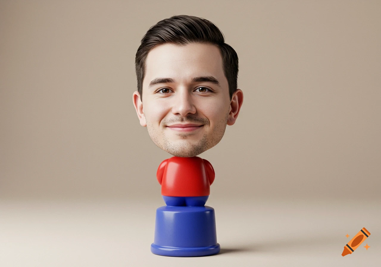 A smiling man's realistic head on a cartoonish red and blue bobblehead body against a neutral background.