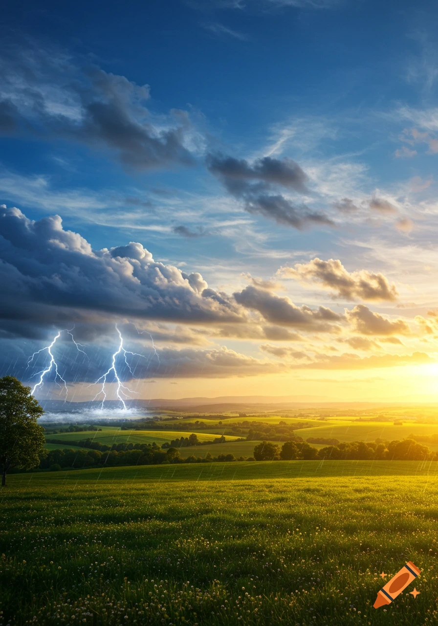 A vibrant green field under a dramatic sky with a stormy section featuring lightning and rain, transitioning to a bright sunset over rolling hills.