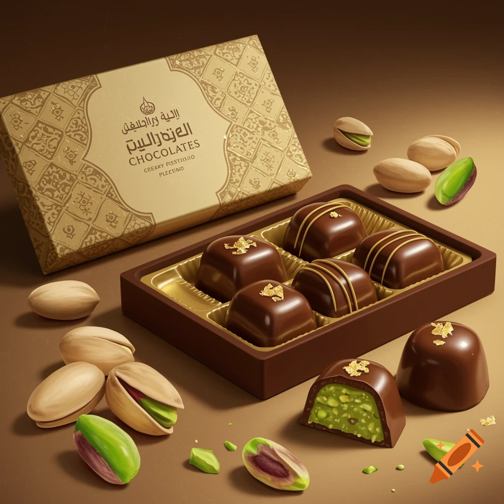 Photorealistic image of a golden box of chocolates with Arabic script and English text, an open tray of chocolates, and loose pistachios on a brown surface.