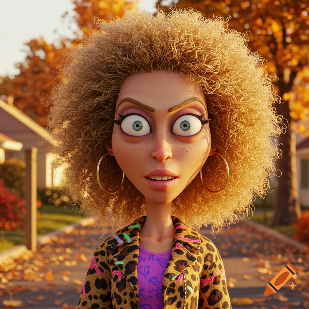 A stylized 3D animated woman with large eyes and curly blonde hair wears a leopard print jacket, standing outdoors among autumn leaves.