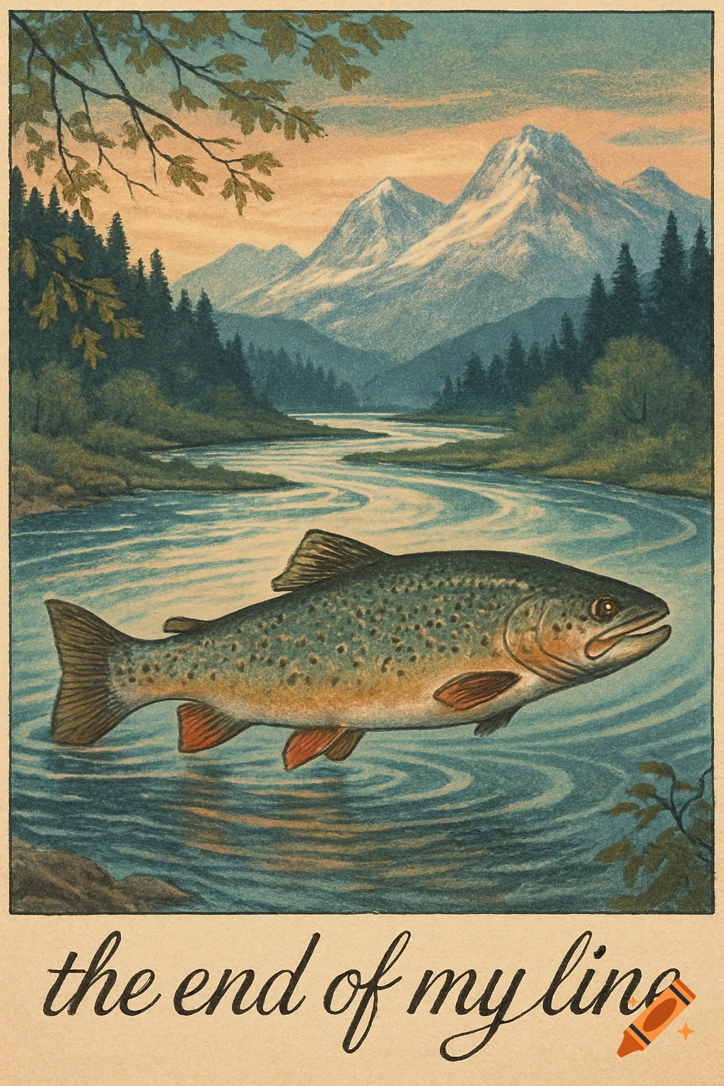 A vintage graphic illustration of a trout swimming in a river with mountains and trees in the background. Text at the bottom reads 'the end of my line'.