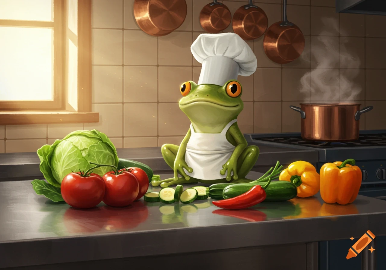 A cute cartoon frog wearing a chef's hat and apron stands on a kitchen counter surrounded by fresh vegetables and a pot boiling on a stove.