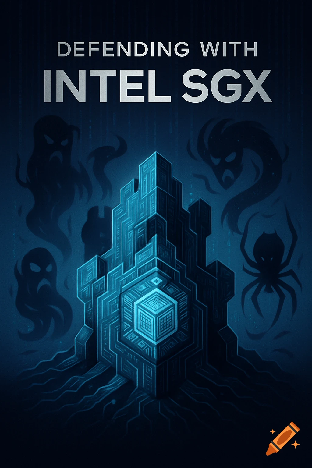 Blue digital art of a glowing cyber fortress defending against shadowy threats, with text 'DEFENDING WITH INTEL SGX'.