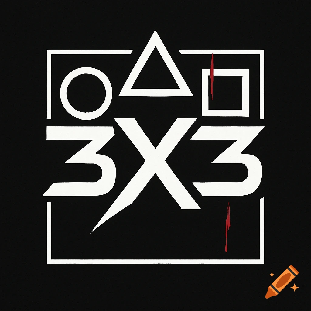 A black and white minimalist logo with PlayStation symbols (circle, triangle, square) and "3X3" text, featuring red blood-like streaks.