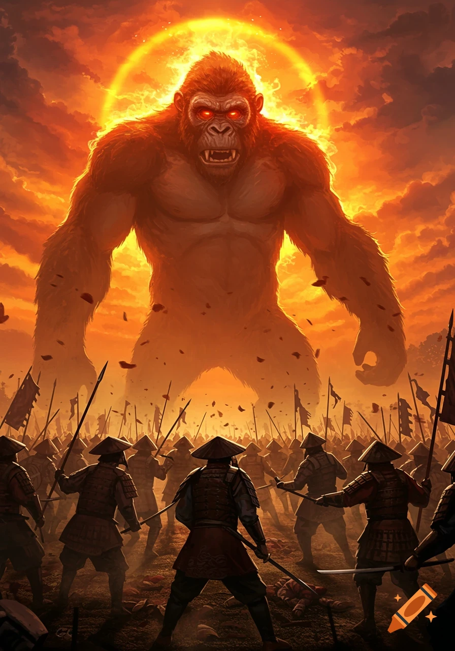 A giant ape with glowing red eyes towers over an army of warriors in a fiery, orange sky.