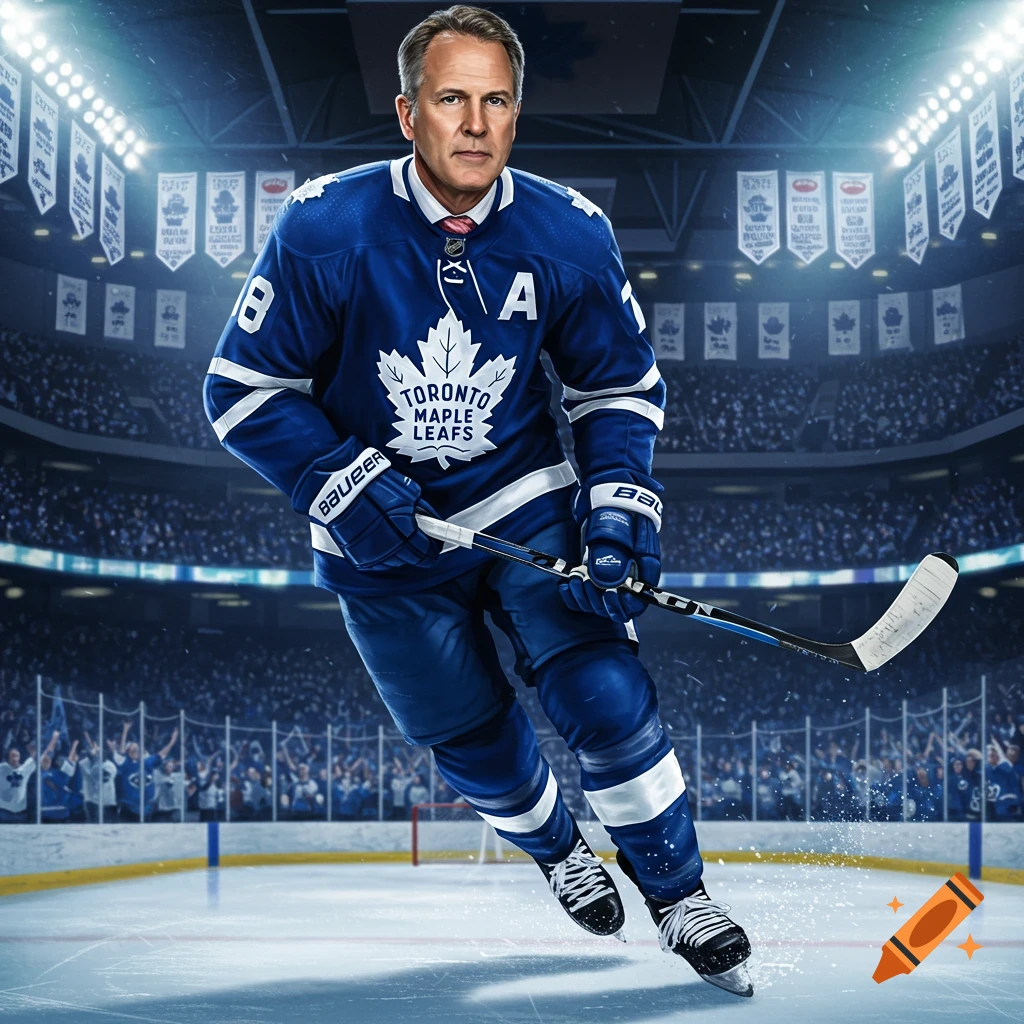 A photorealistic image of a man in a blue Toronto Maple Leafs hockey uniform skating on an ice rink in an arena.