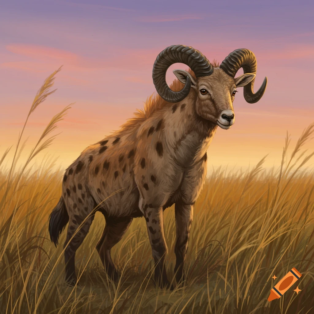 A horned, spotted hybrid animal stands in a field of tall golden grass under a sunset sky.
