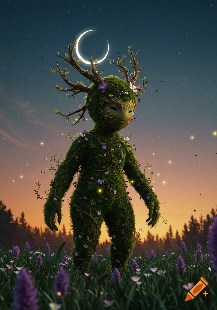 A creature made of moss and flowers with branches on its head stands in a field of purple flowers under a crescent moon at twilight.