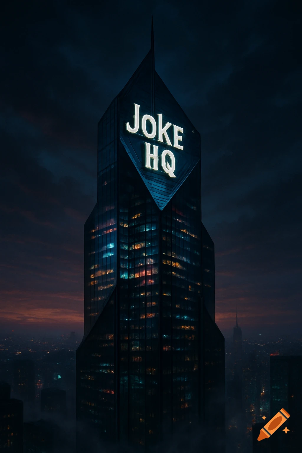 A photorealistic image of a futuristic skyscraper with "Joke HQ" lit up near the top, against a dark, cloudy night sky over a city.