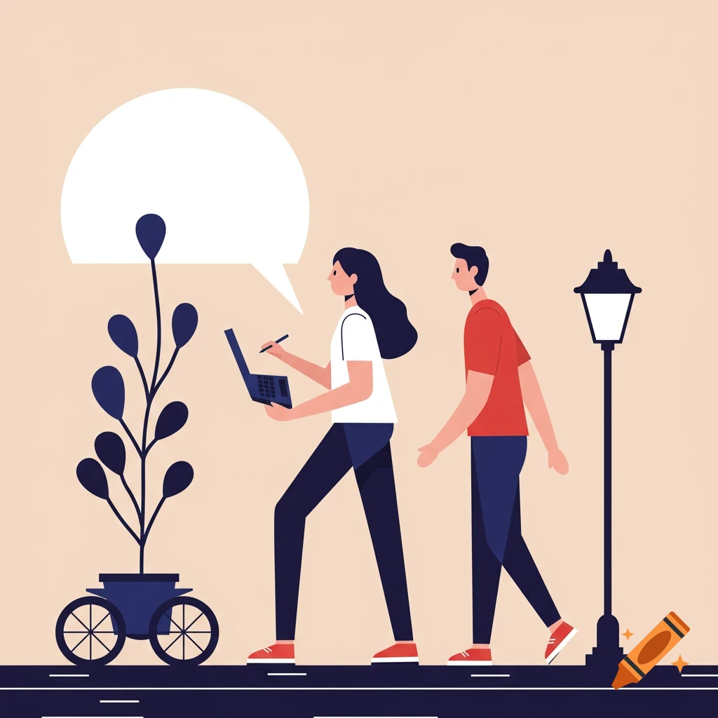 A flat design illustration of a woman with a laptop and a man walking past a plant on wheels and a street lamp.