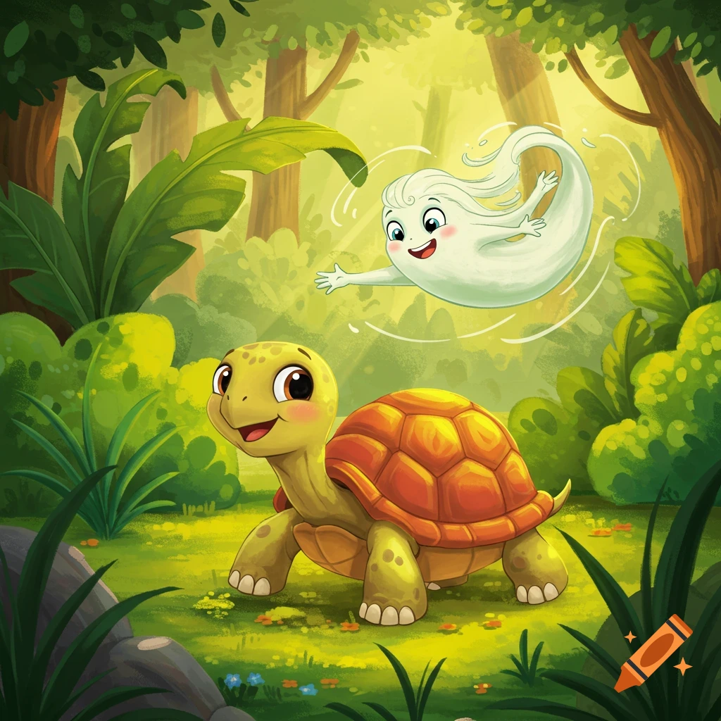 Cute cartoon turtle walking in a vibrant forest, with a smiling wind spirit floating above.