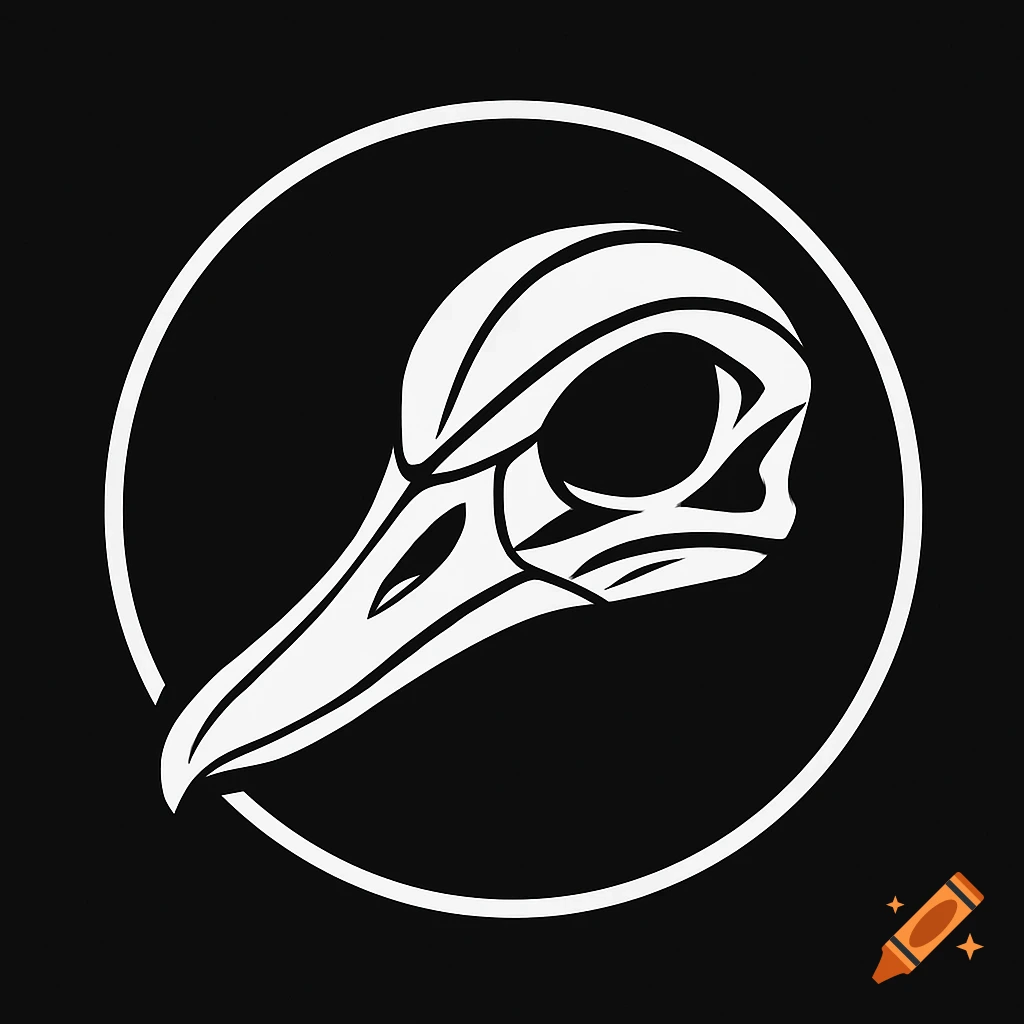 White stylized duck skull in a circular logo on a black background.