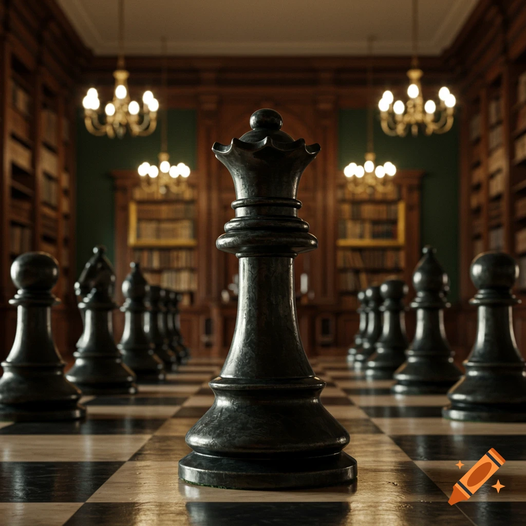 A close-up, low-angle shot of a black chess queen on a checkered board in a grand library with chandeliers.