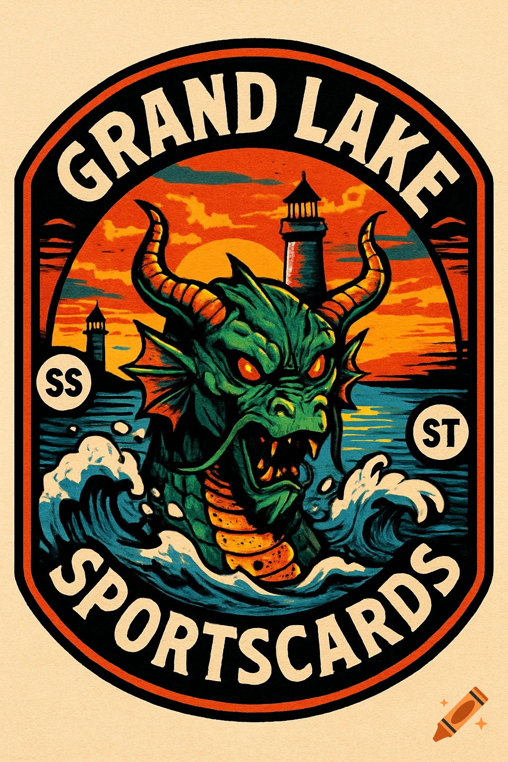 A bold, vintage-style badge logo with a green sea monster emerging from waves, a lighthouse, and sunset. Text reads 'GRAND LAKE SPORTSCARDS'.