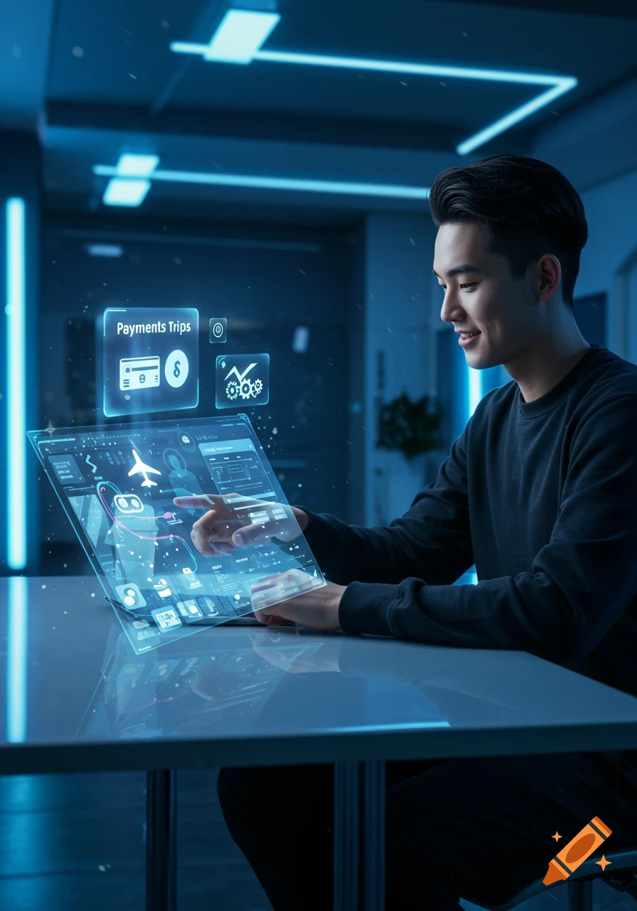 A young man interacts with a glowing, transparent holographic screen in a futuristic, neon-lit room.