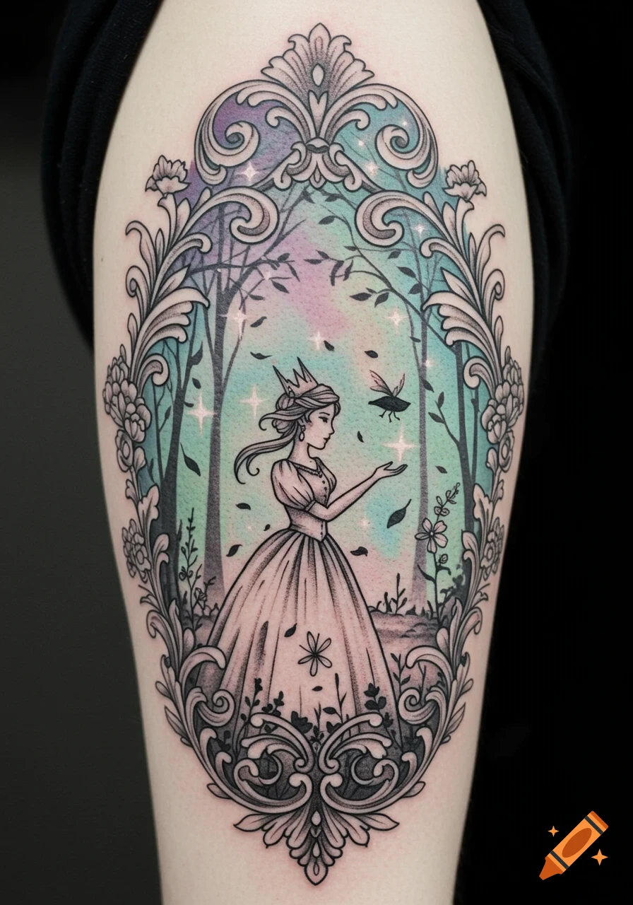 A colorful tattoo on an arm depicting a princess with a crown in a whimsical forest, reaching out to a bug, framed by ornate baroque scrollwork.