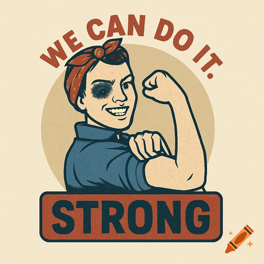 Vintage poster illustration of Rosie the Riveter with a black eye and a gap tooth, flexing her arm, with 'WE CAN DO IT.' and 'STRONG' text.