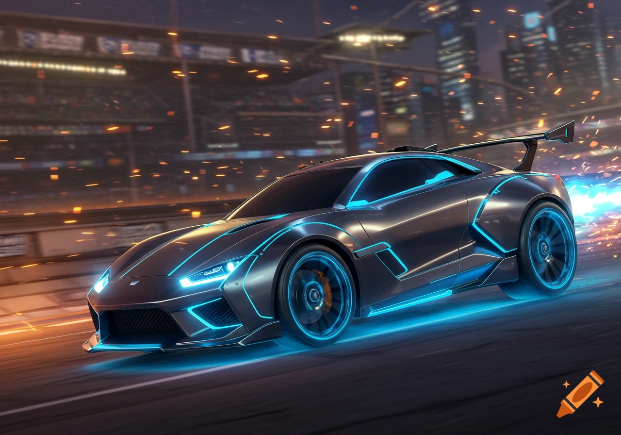 A sleek, futuristic grey supercar with glowing blue neon lines speeding on a track at night, with city lights in the background.