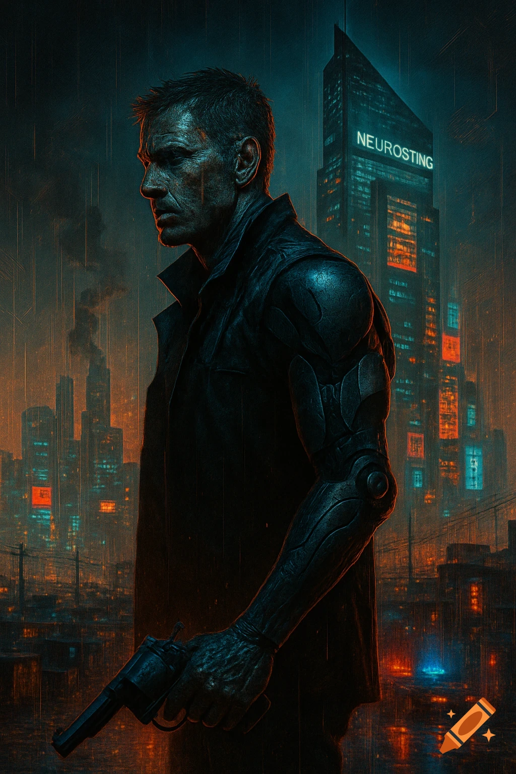 A weathered man with a cybernetic arm holds a revolver, silhouetted against a neon-lit cyberpunk city at night with a building displaying 'NEUROSTING'.