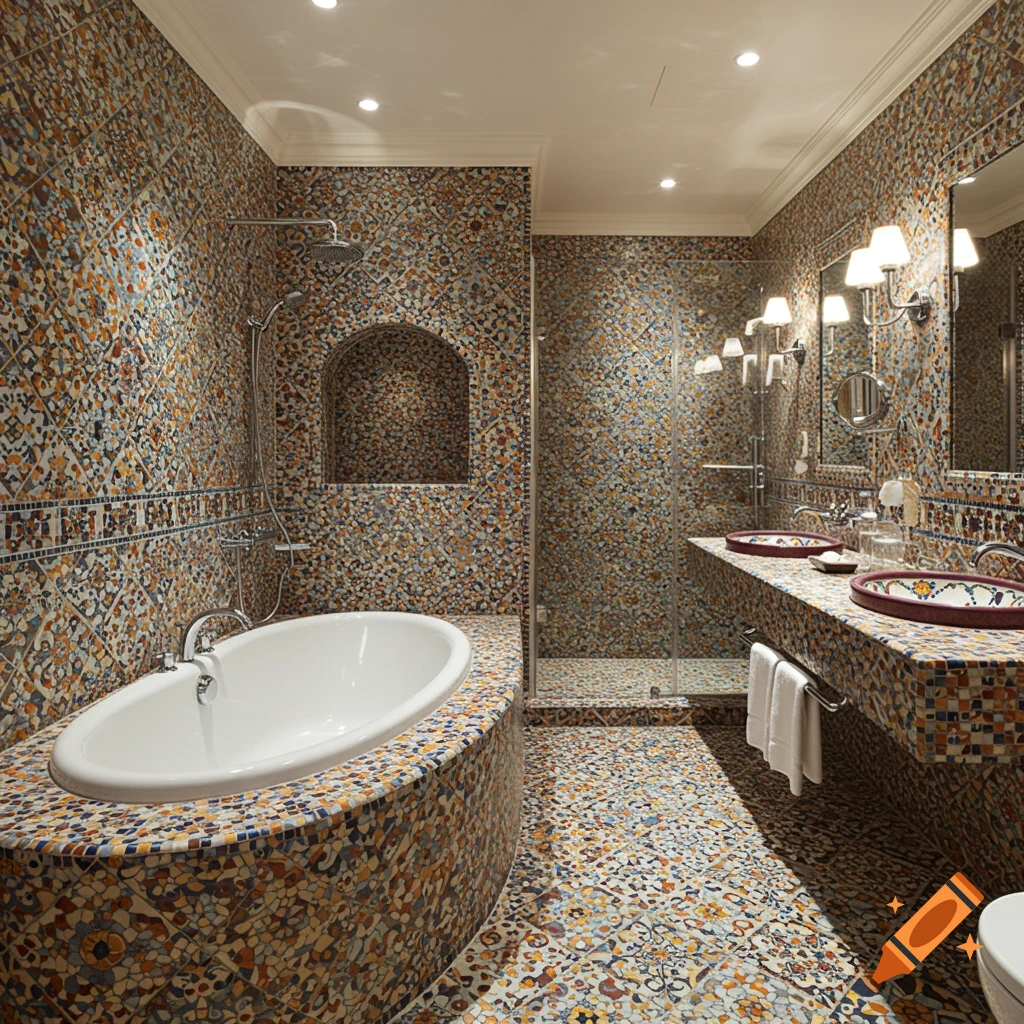 A luxurious bathroom with colorful mosaic tiles covering the walls and floor, an alcove bathtub, a glass shower, and dual sinks.