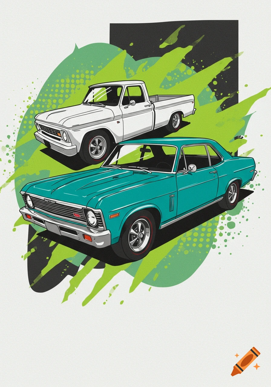 Retro illustration of a white classic pickup truck and a teal Chevy Nova on a lime green splattered background.