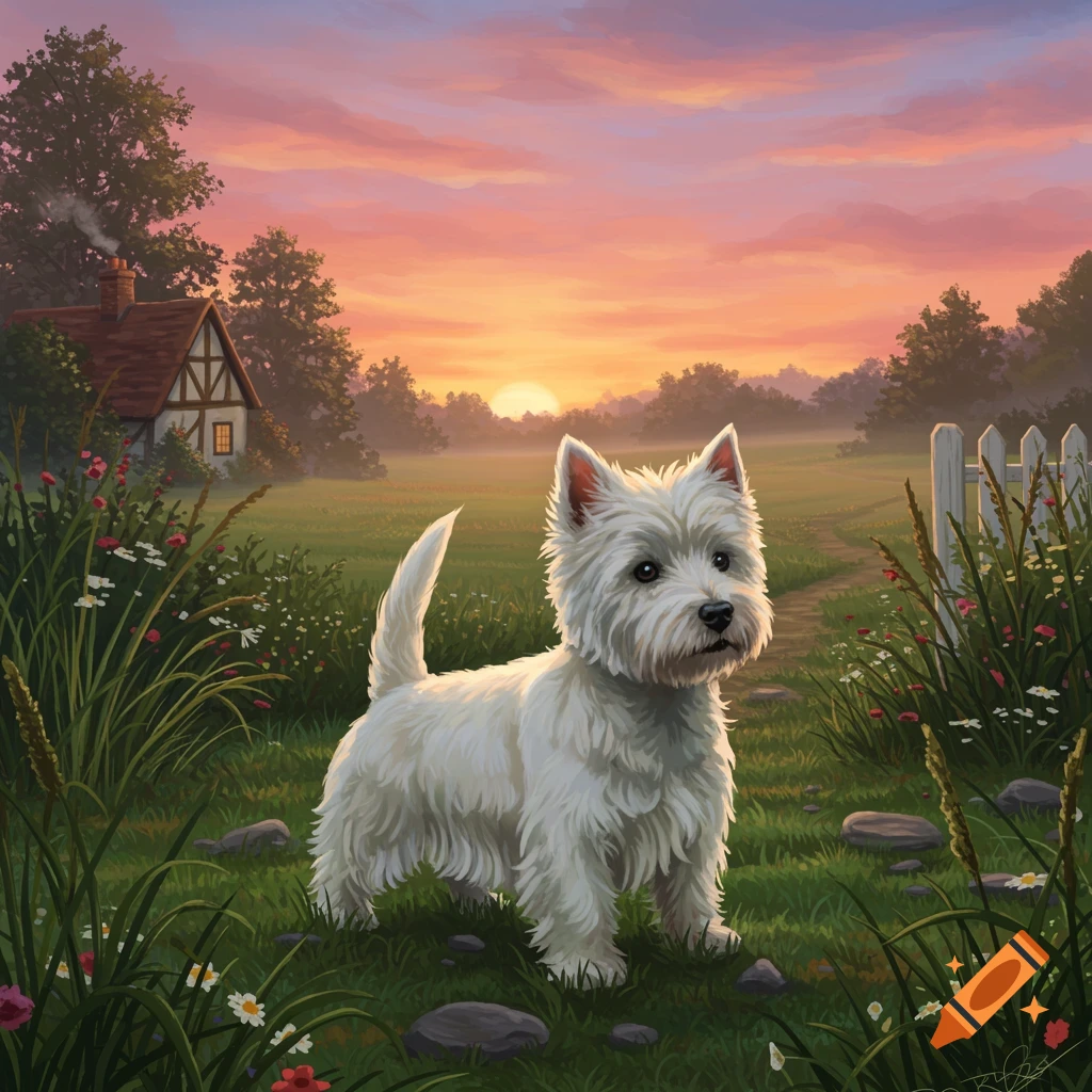 A white West Highland Terrier stands in a grassy field with flowers, a distant cottage, and a white picket fence at sunset.