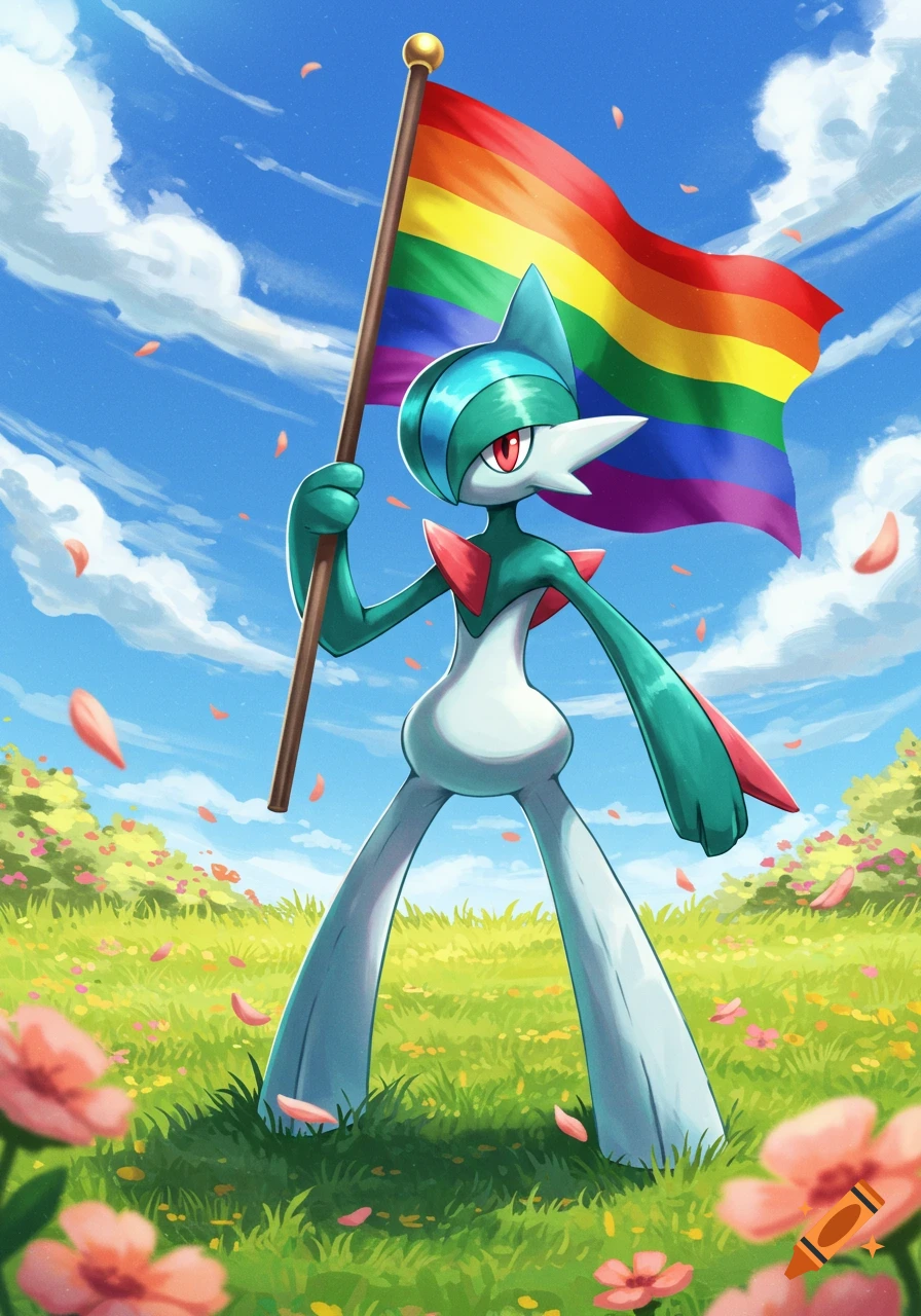 A Shiny Gallade, a Pokémon, stands proudly in a field of flowers under a blue sky, holding a vibrant rainbow pride flag.