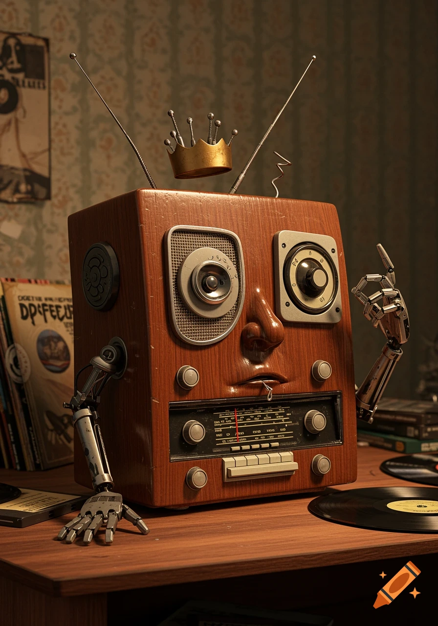 A whimsical, photorealistic rendering of a vintage wooden radio with human-like features, robotic arms, and a gold crown on top. It sits on a wooden desk next to vinyl records.