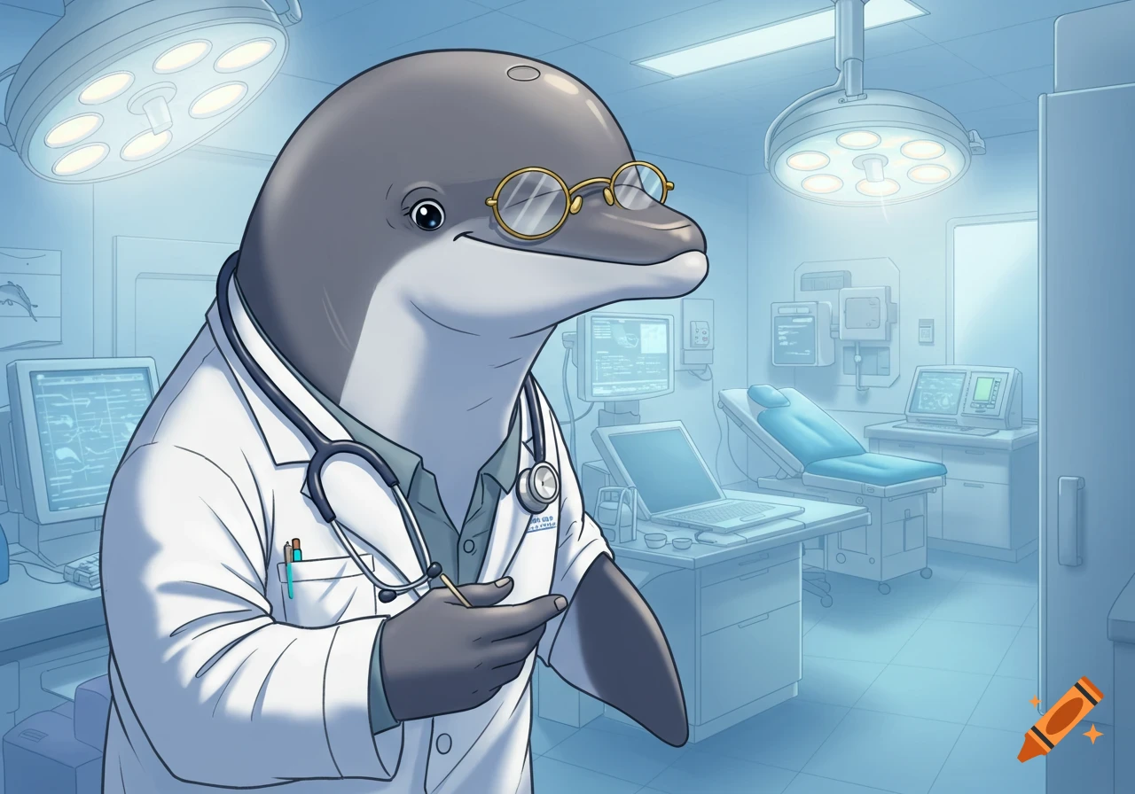 A cartoon dolphin wearing a doctor's coat and glasses stands in a medical examination room.