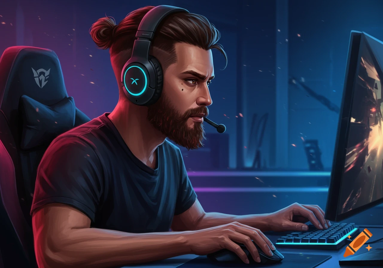 A handsome man with a man bun and full beard, wearing gaming headphones, playing video games at a desk in a neon-lit room. Digital art.