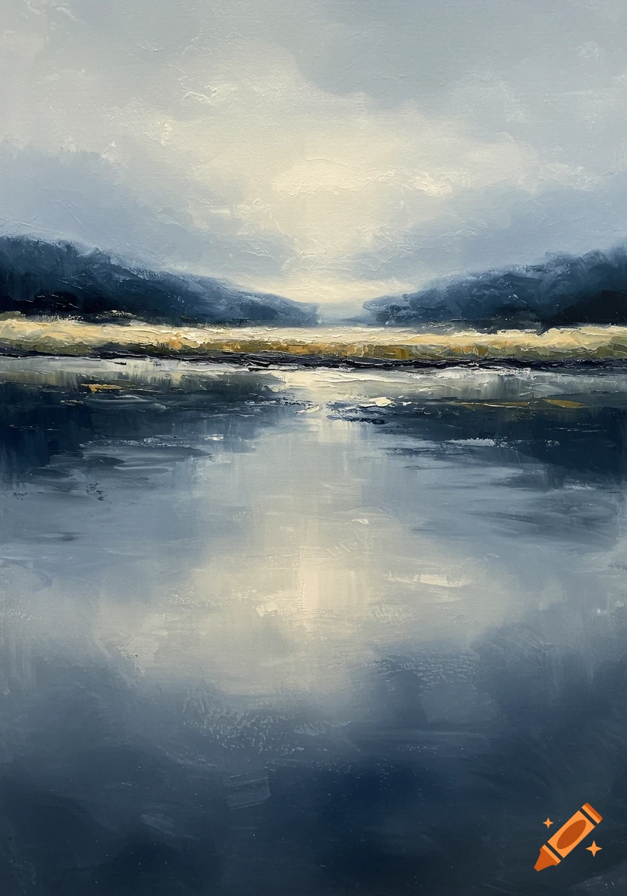 Abstract oil painting of a serene landscape with a golden horizon reflected in calm water, under a light sky.