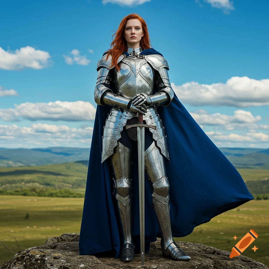 A woman with red hair in shining plate armor and a blue cape stands on a rock, holding a sword, against a blue sky.
