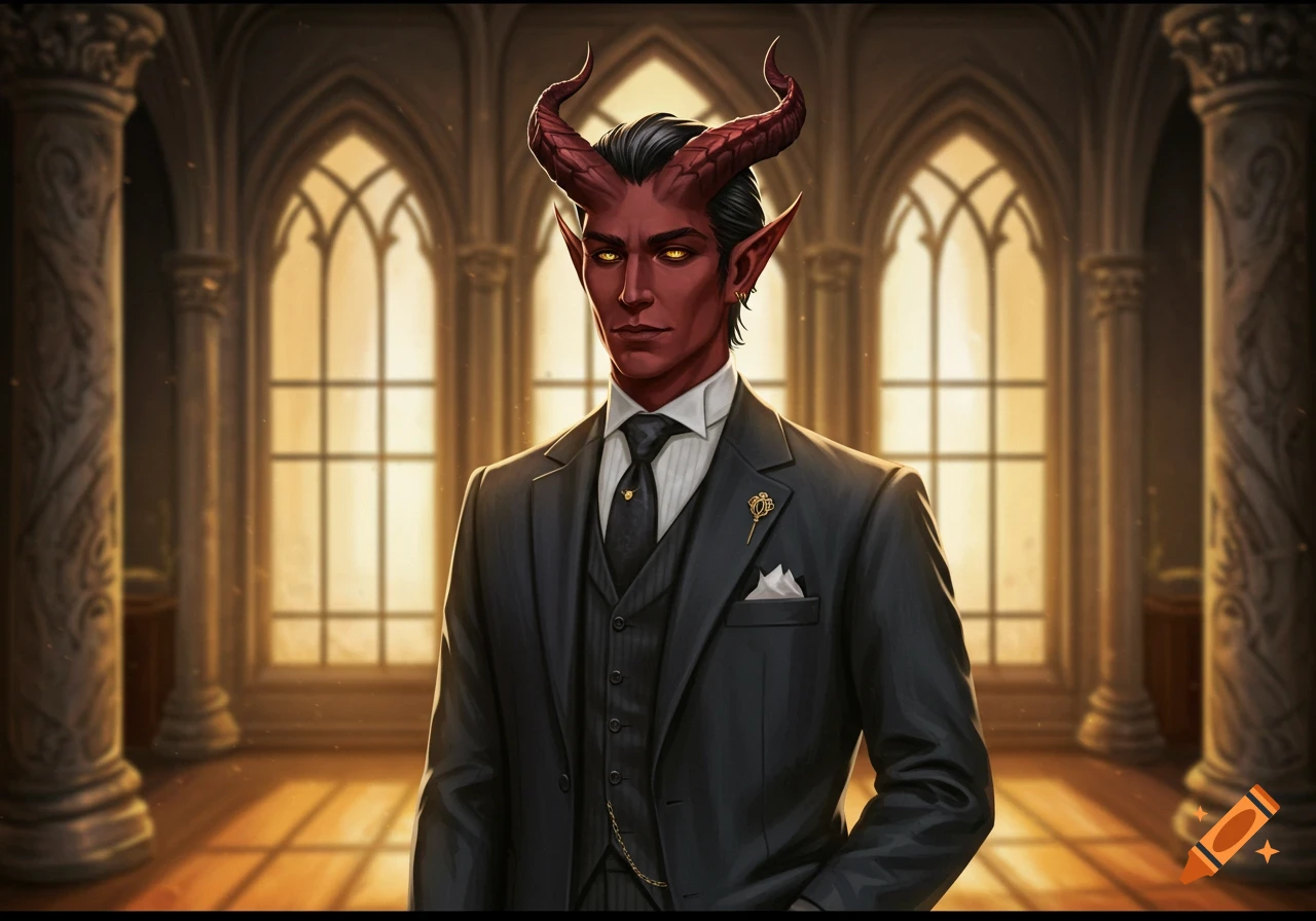 A regal red-skinned tiefling with horns and golden eyes, wearing a dark suit, stands in a grand hall with arched windows.
