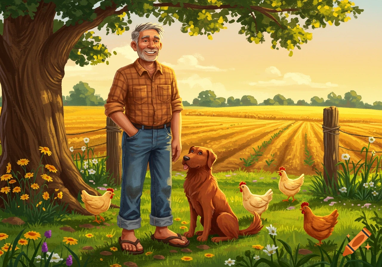 An old farmer wearing flip-flops stands under a tree with his reddish dog and three chickens in a sunny field.