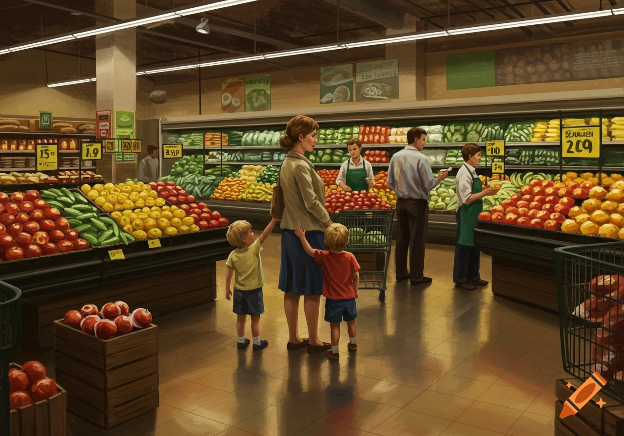 An illustration of a mom and her two young children shopping for fresh produce in a brightly lit grocery store.