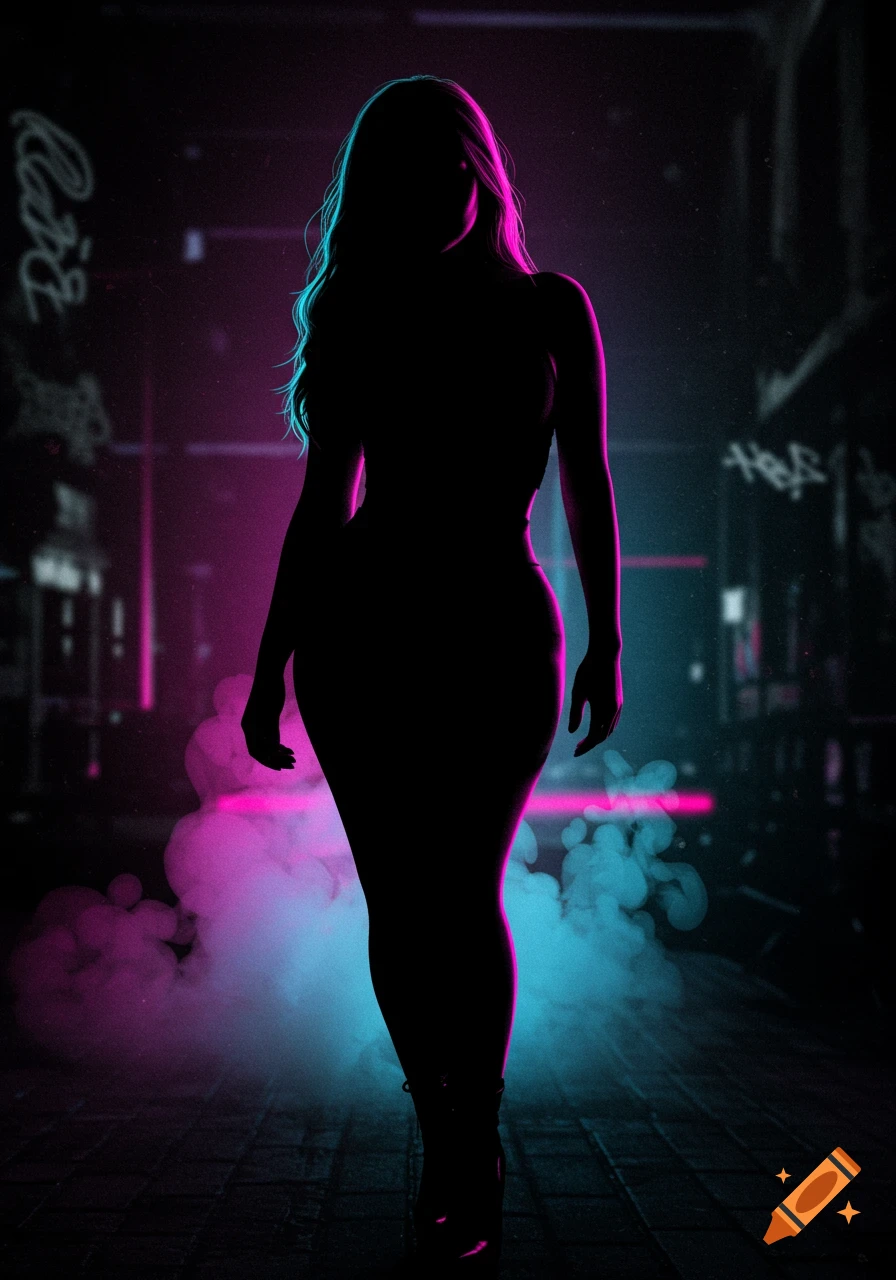 A striking silhouette of a woman standing in a dark, smoke-filled street, illuminated by vibrant pink and blue neon lights.