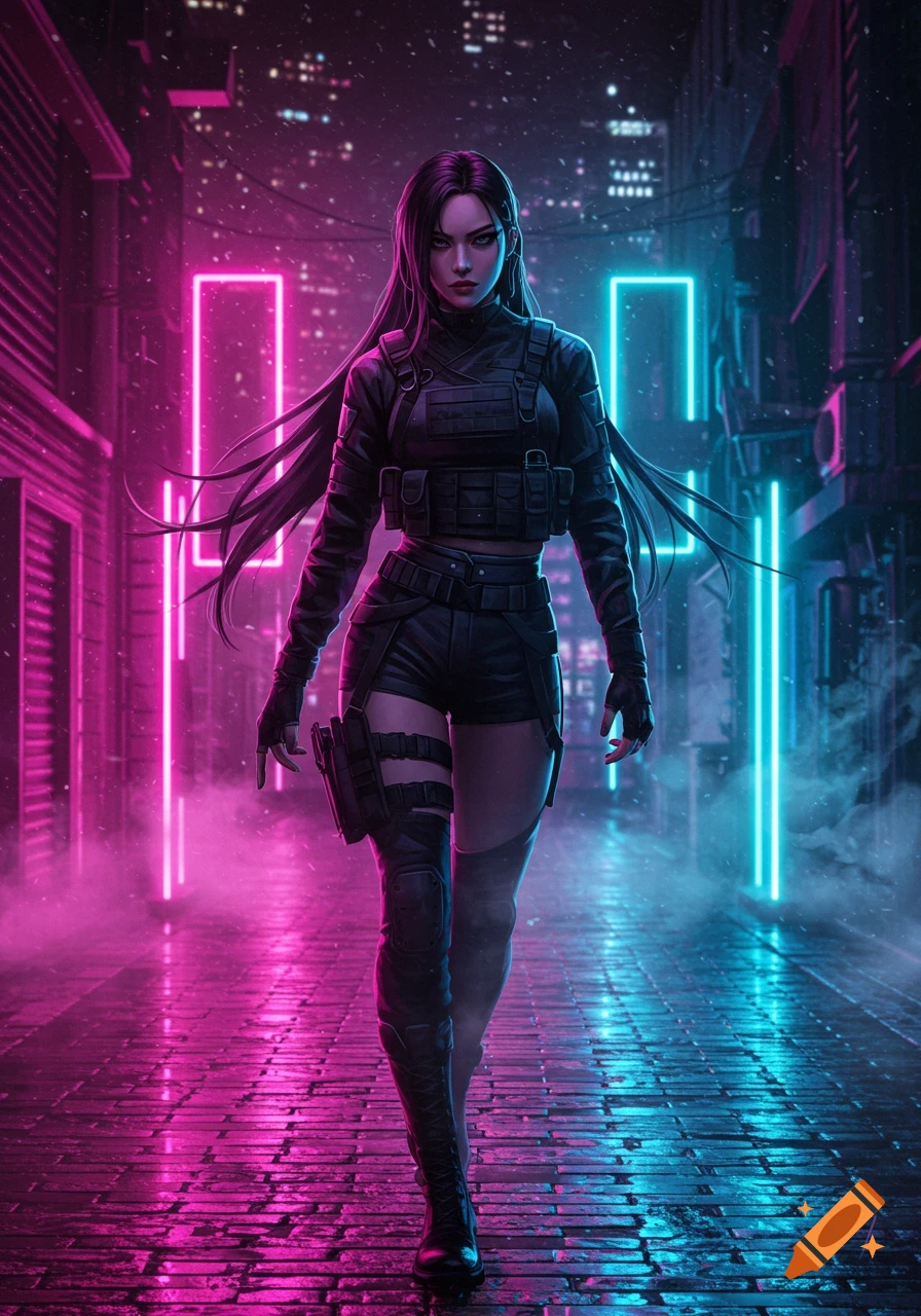 A female character in tactical black clothing walks through a neon-lit cyberpunk city street, illuminated by pink and blue lights.